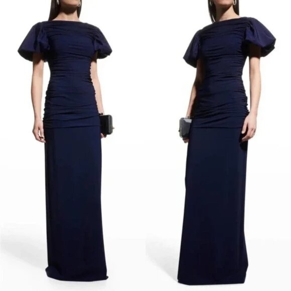Chiara Boni Hiromi Puff Sleeve Gown Blue Notte Ruched Evening Dress - Picture 1 of 8